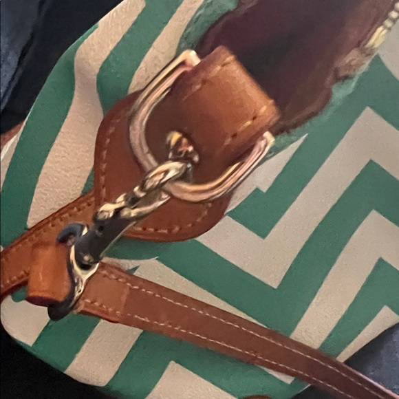 Dooney & Bourke Teal and Cream Chevron Satchel with Tan Leather Trim - Picture 10 of 13